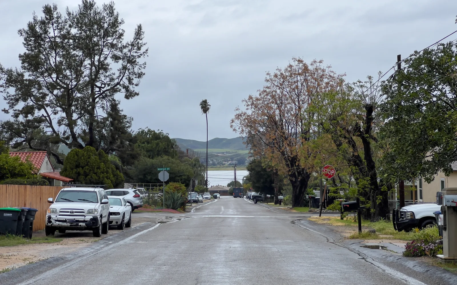 Residential neighborhood in Lakeland Village with Lake Elsinore visible in background