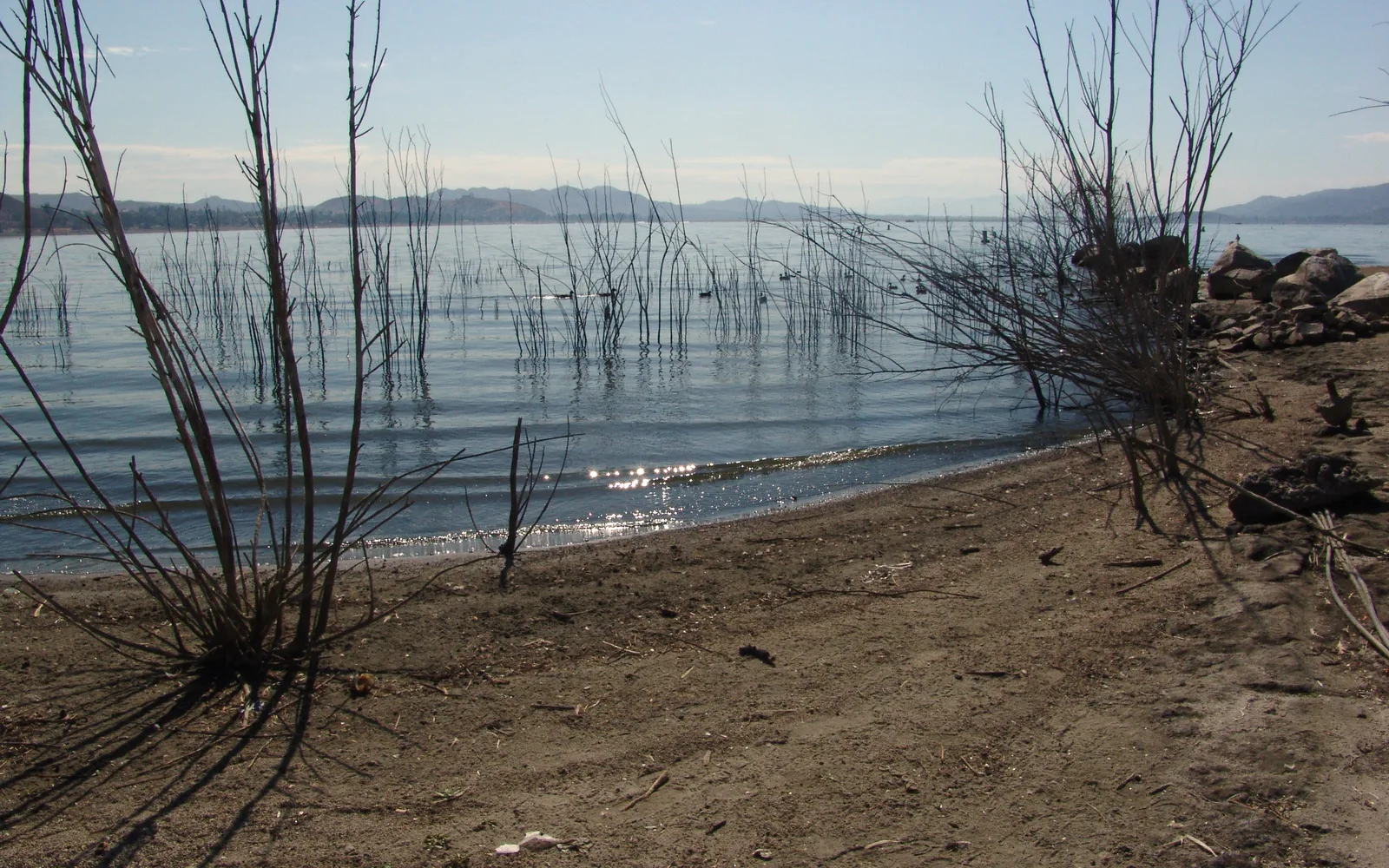 View across Lake Elsinore with shoreline and water